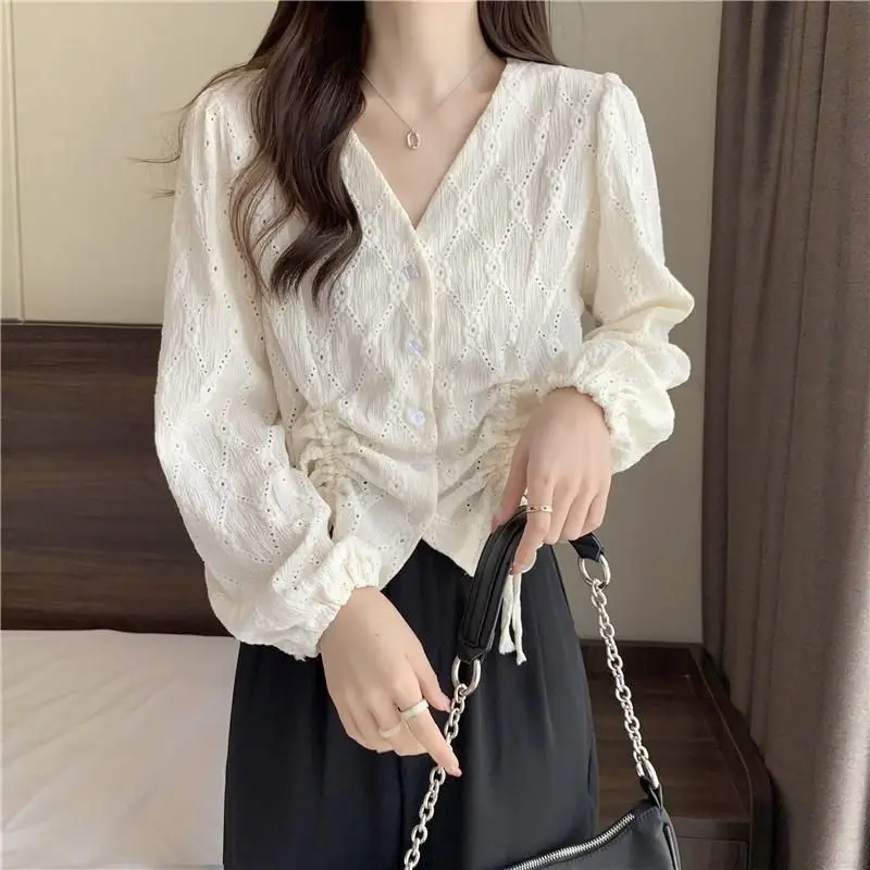 Long Sleeves V-neck Hollow Out Shirt for Women\'s Spring Autumn Unique Double Drawstring Stylish Chic Beautiful Small Shirt Top