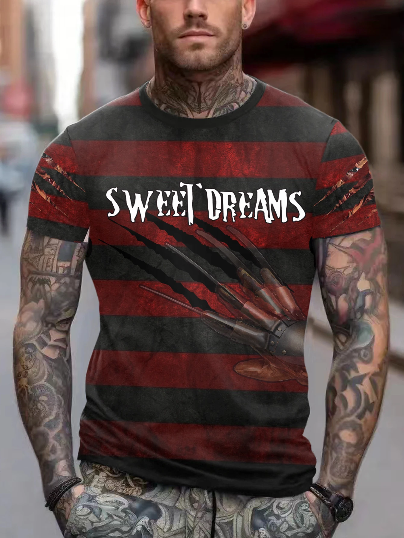 Men's Oversized Black and Red Striped T-shirt, 3D Halloween Horror Movie Print, Street Fashion, Casual Blazer Top, Summer