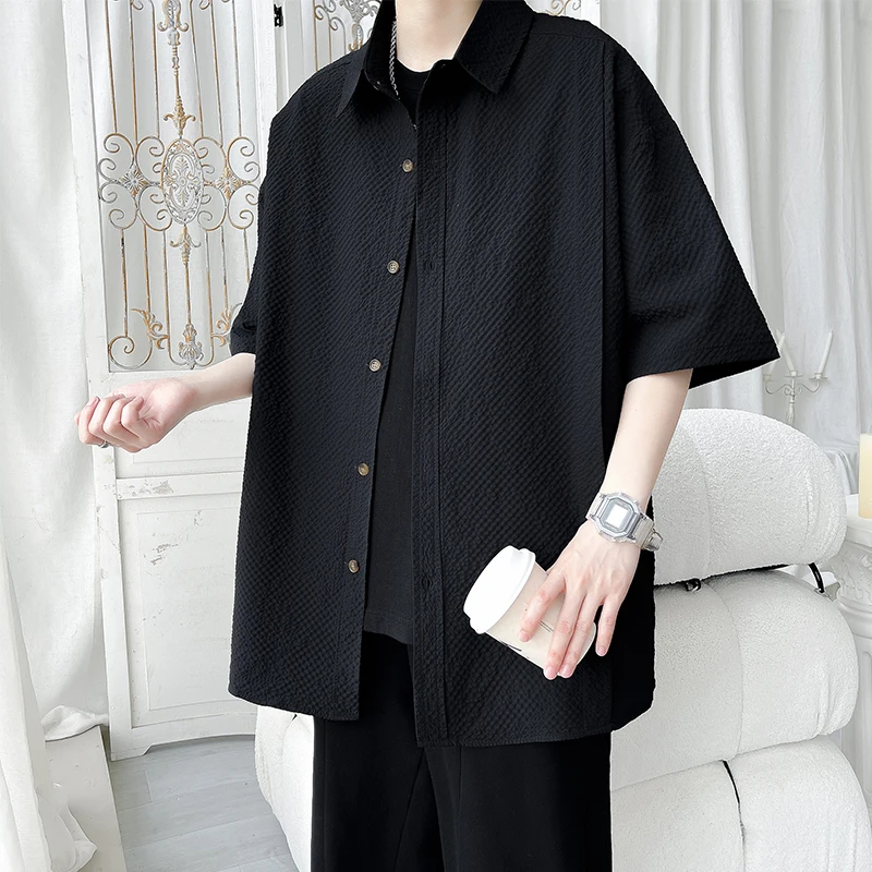 Summer Short Sleeved Shirt Men Fashion Brown Pleated Shirt Men Korean Loose Casual Shirt Mens Hawaiian Shirts Large Size 4XL