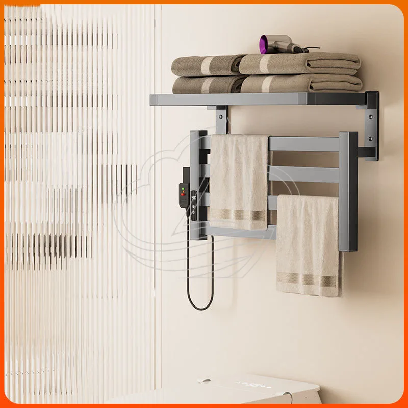Smart Constant Temperature Heated Towel Rack Carbon Fiber Drying Shelf No Drill Wall Mount Bathroom Organizer