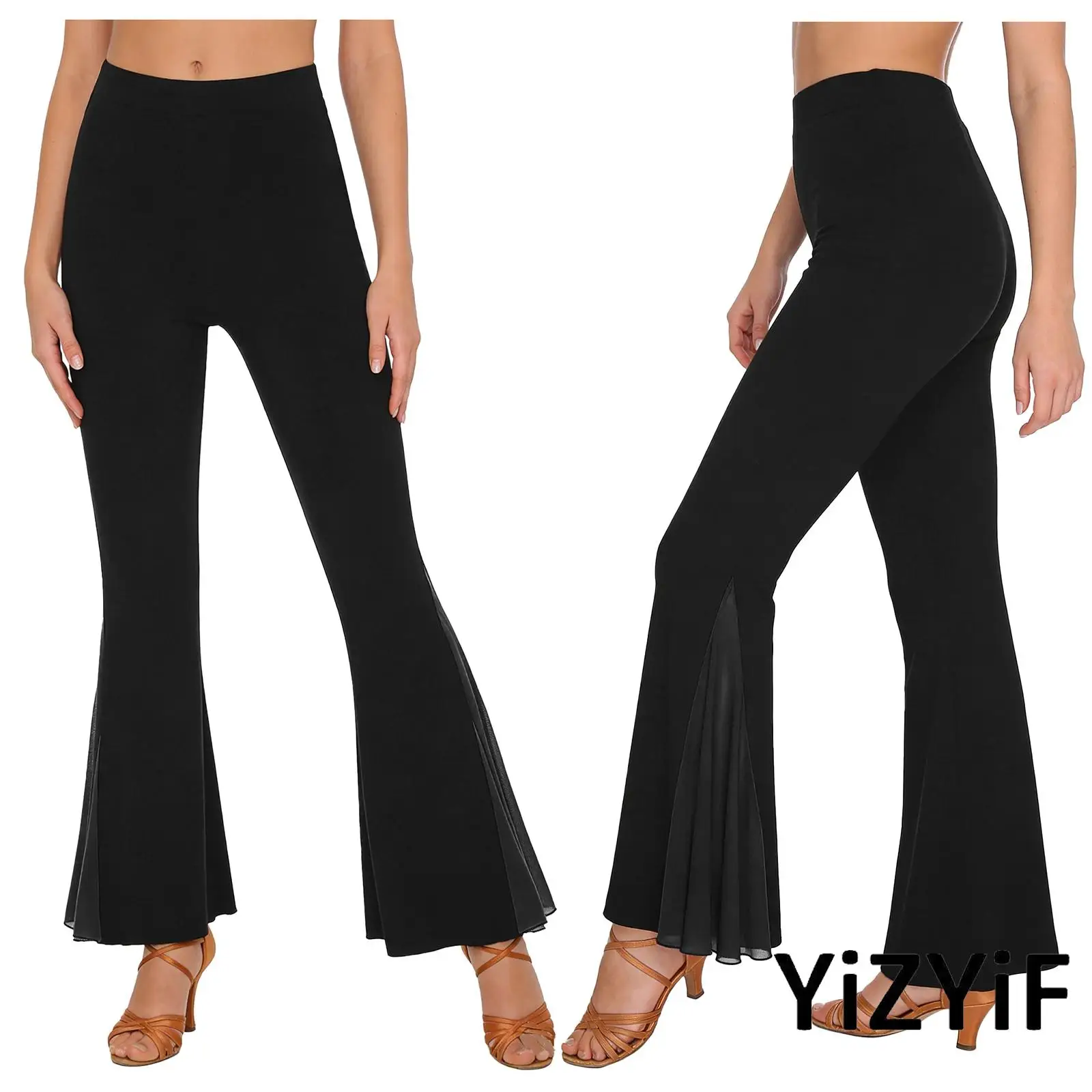

Womens Chacha Tango Latin Dance Flared Pants Bell Bottom with Sheer Mesh Patchwork Elastic Waistband Trousers Modern Dancewear