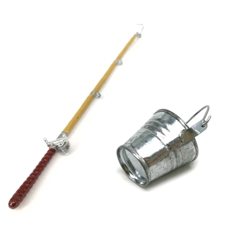 Xm2Pcs/set Mini Fishing Rod and Water Bucket 1:12 Dollhouse Miniature Metal Fishing Rod Model + Water Bucket