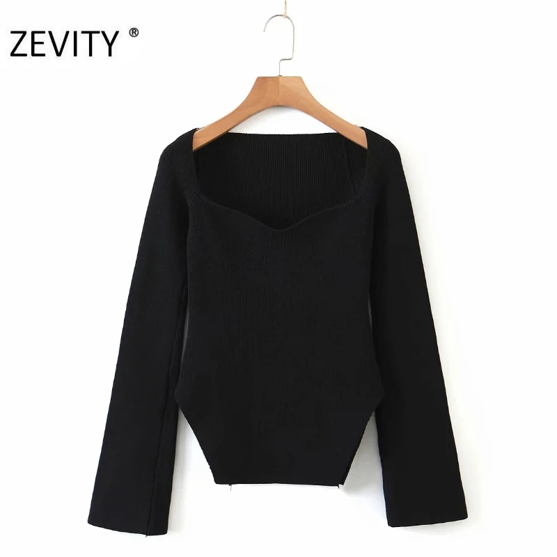 ZEVITY NEW women sexy square collar solid knitting casual slim sweater female long sleeve side split pullover sweater tops S385