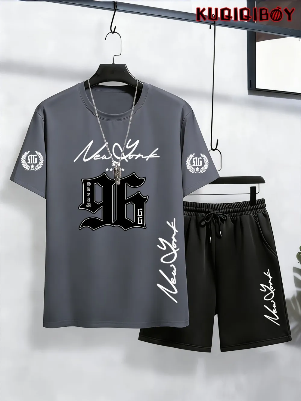 

Men's summer minimalist letter print micro elastic breathable round neck T-shirt drawstring shorts set outdoor casual wear