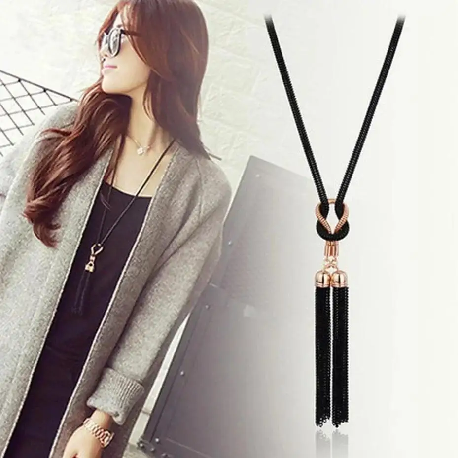 Korean Tassel Long Necklace Women Fashion Simple Sweater Chain Pendant Versatile Jewelry Accessory Elegant Creative Gift