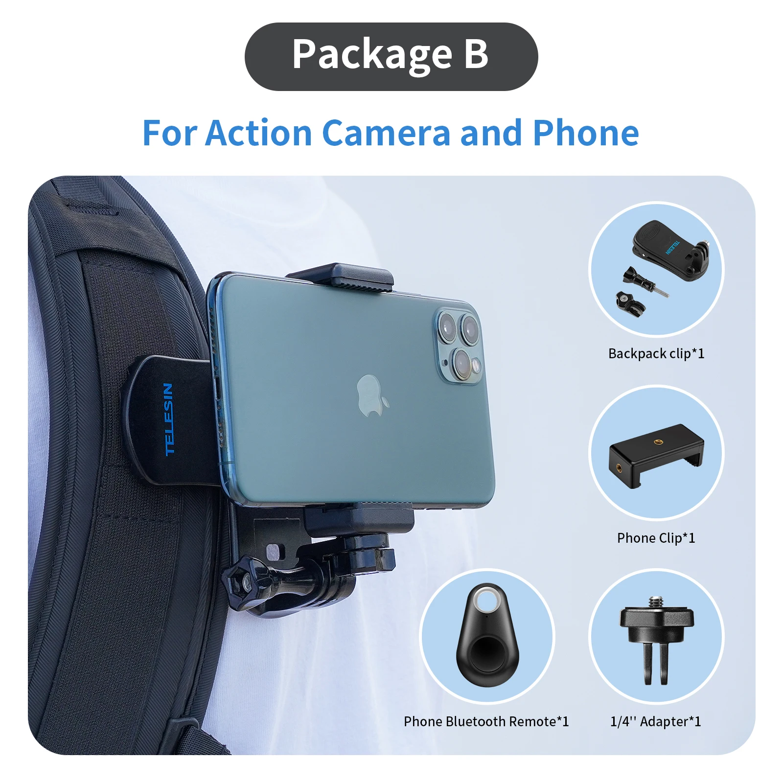 TELESIN Rugzak Clip Voor GoPro Hero 13 12 11 10 9 8 7 360 Rotary Clip Mount voor DJI Osmo Action Xiaoyi Insta360 Action Carema