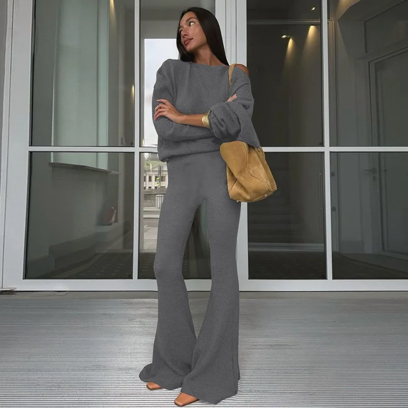 Two Piece Set For Women Asymmetrical Cold Shoulder Long Sleeve Top High Waist Flare Pants Streetwear Party Club Outfit