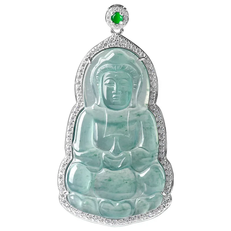 

Burmese Jade Guanyin Pendant Jewelry Blue Talismans Jadeite Stone Necklace 925 Silver Charm Natural Carved Gemstones Choker