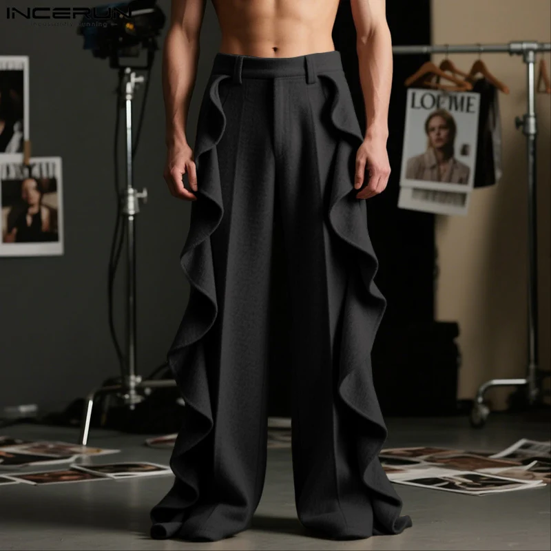 INCERUN Men Pants Solid Color Elastic Waist Ruffle Joggers Casual Trousers Men Streetwear 2055 Loose Fashion Male Long Pants