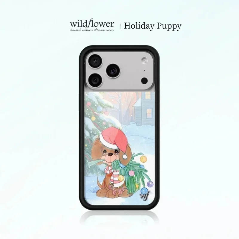 

Wildflower INS Holiday Puppy Phone Case For iPhone 12 13 14 15 16 17 Pro Max Plus Precious moments Christmas hat dog wf Cover﻿