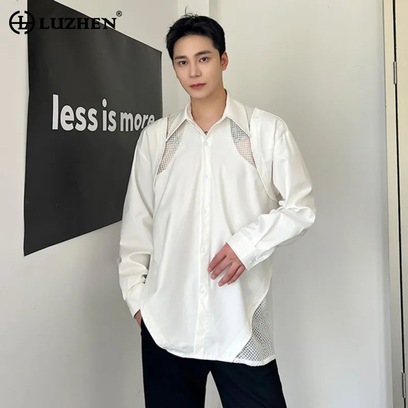 

LUZHEN 2025 New Original Gauze Perspective Splicing Design Long Sleeve Shirts Elegant Men's High Quality Solid Color Tops JY4142