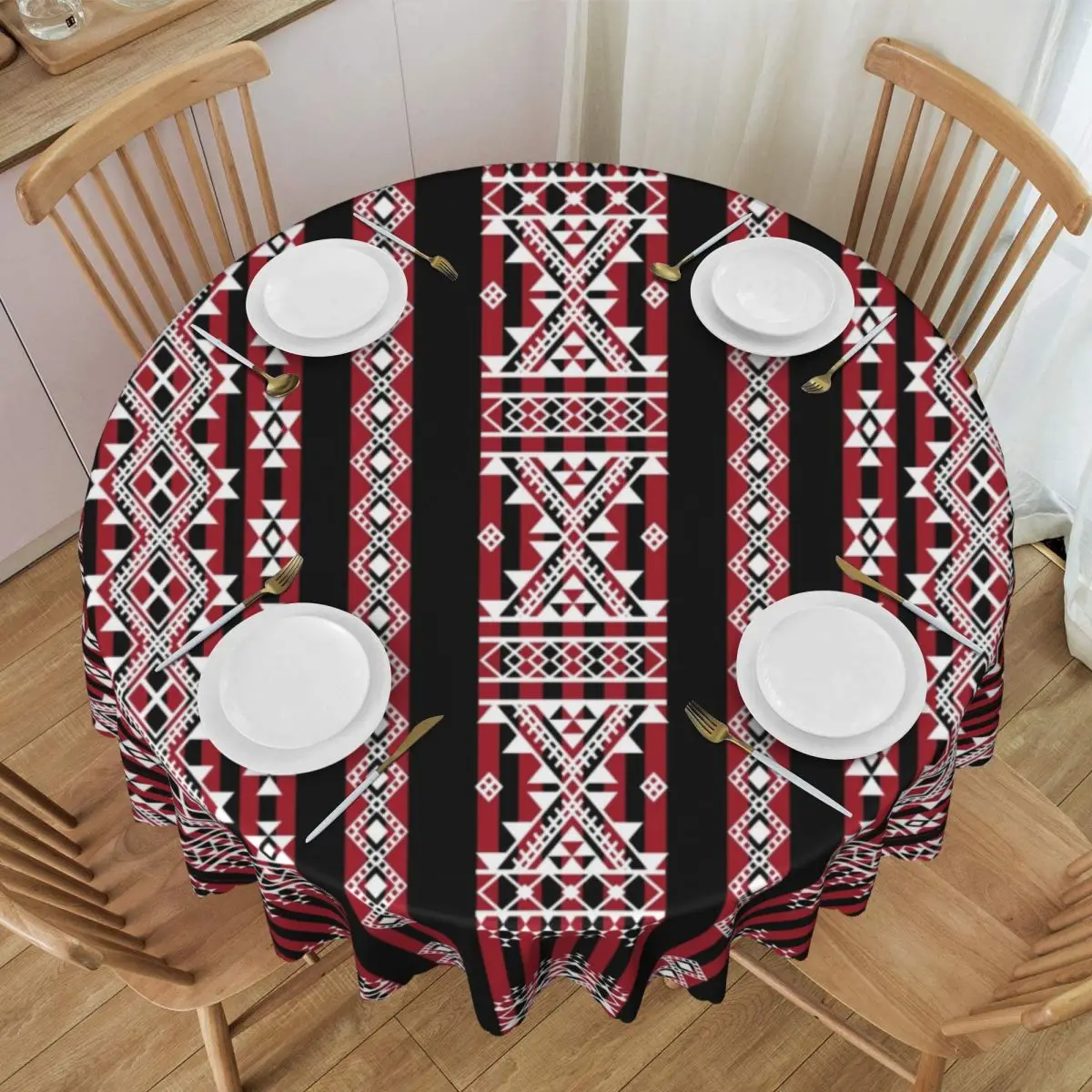 Customized Round Fitted Kabyle Amazigh Carpet Pattern Table Cloth Waterproof Tablecloth 60 inch Table Cover for Kitchen Dinning