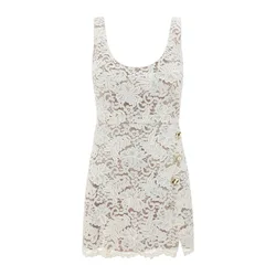 JAMERARY Runway Brand Single Breasted Flower Embroidery White Lace Prom Slit Dress Women Vest Tank Sleeveless Mini Vestidos
