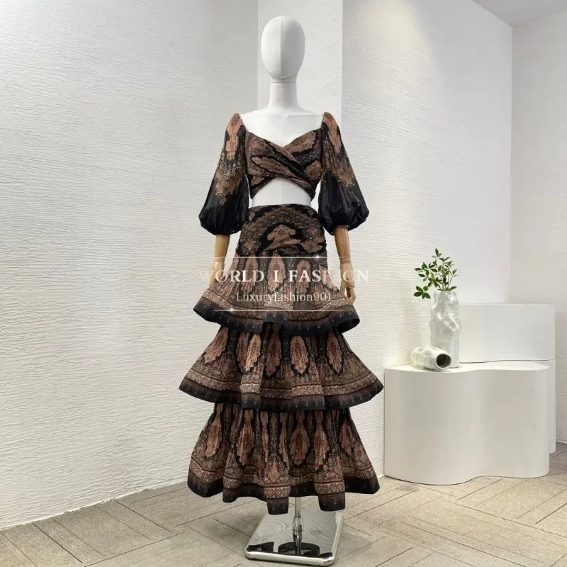 

Black Brown Paisley Print 3/4 Sleeve Sweetheart Collar Blouse Tops 2025 Women Hot Outfit