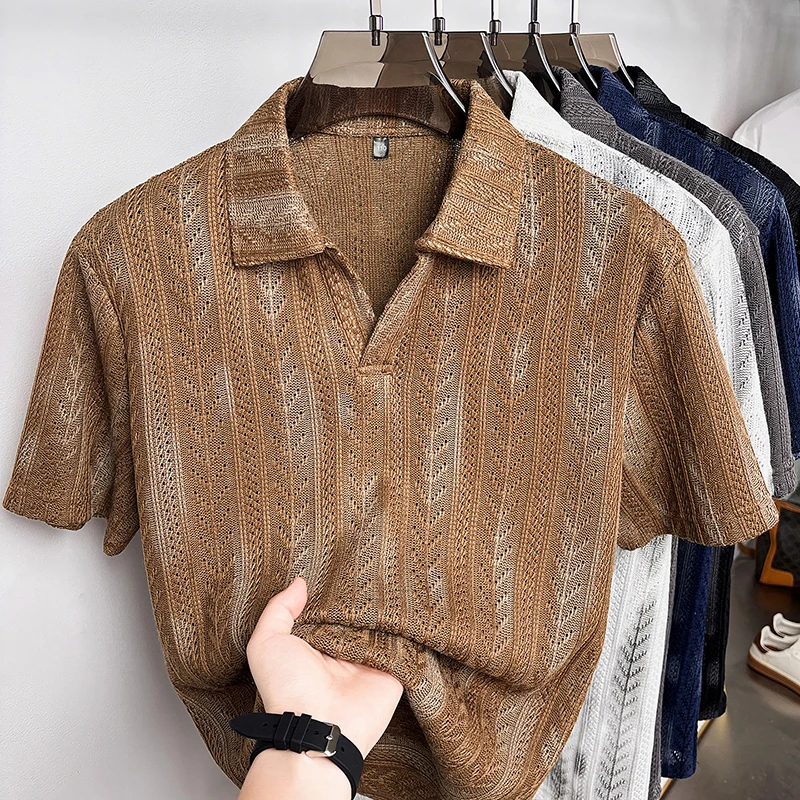 Summer Men's New Style Seagull Collar Printed Knitted Short-Sleeved Polo Shirt with Partial Open
