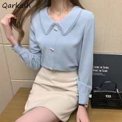 Sweet Peter-pan Collar Blouses Women Chiffon S-3XL Simple Design Ladies OL Long Sleeve Gentle Tender Ins Elegant Lovely Lady New