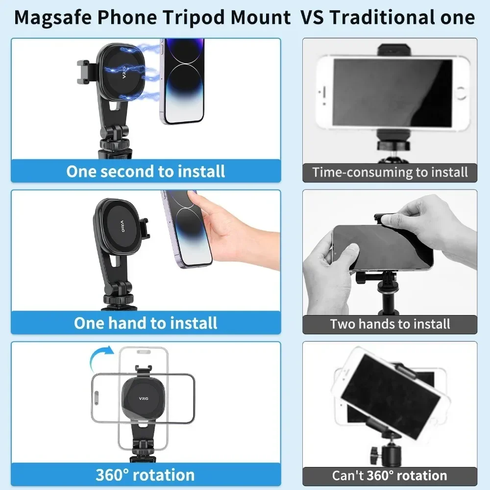 Vrig MG-03 Magnet Phone Holder Adapter Tripod Magnetic Camera Phone Holder Tripod Mount for Mag-Safe iPhone 14 13 12 Series