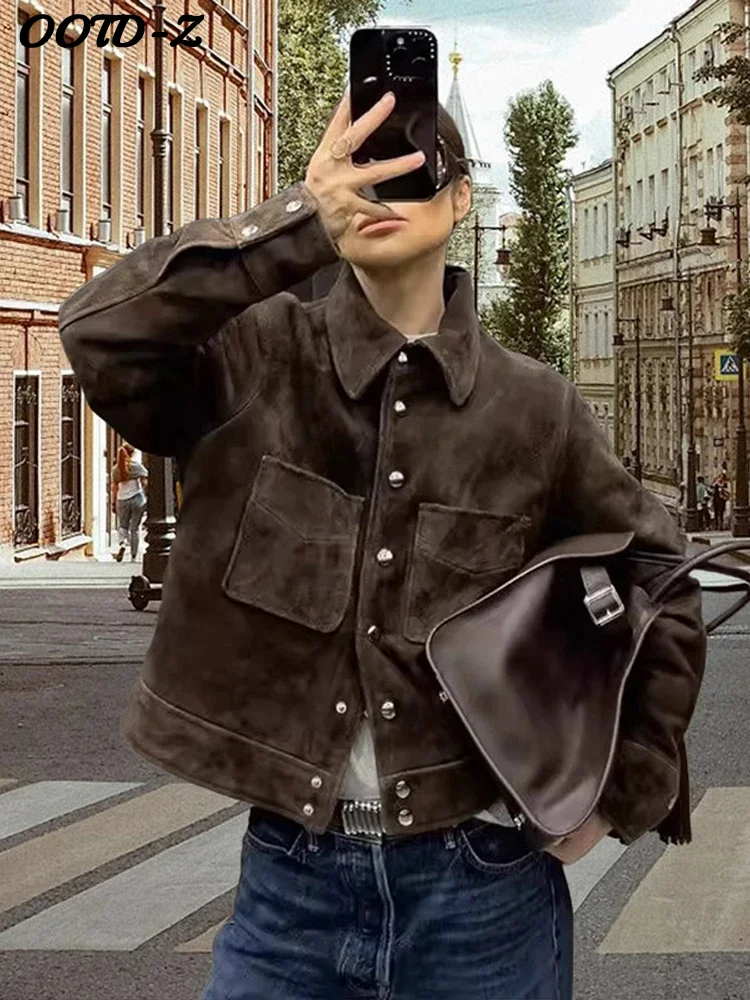 

Casual Suede Short Jackets Women Urban Solid Turn-down Collar Single Breasted Coats Female 2025 Autumn Lady Office Streetwear