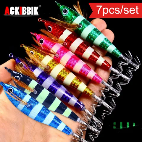 Ackibbik 7pcs Horizontal Squid Jigs Jigging Baits for Sea Fishing Artificial Squid Hook Saltwater Wood Shrimp Lure