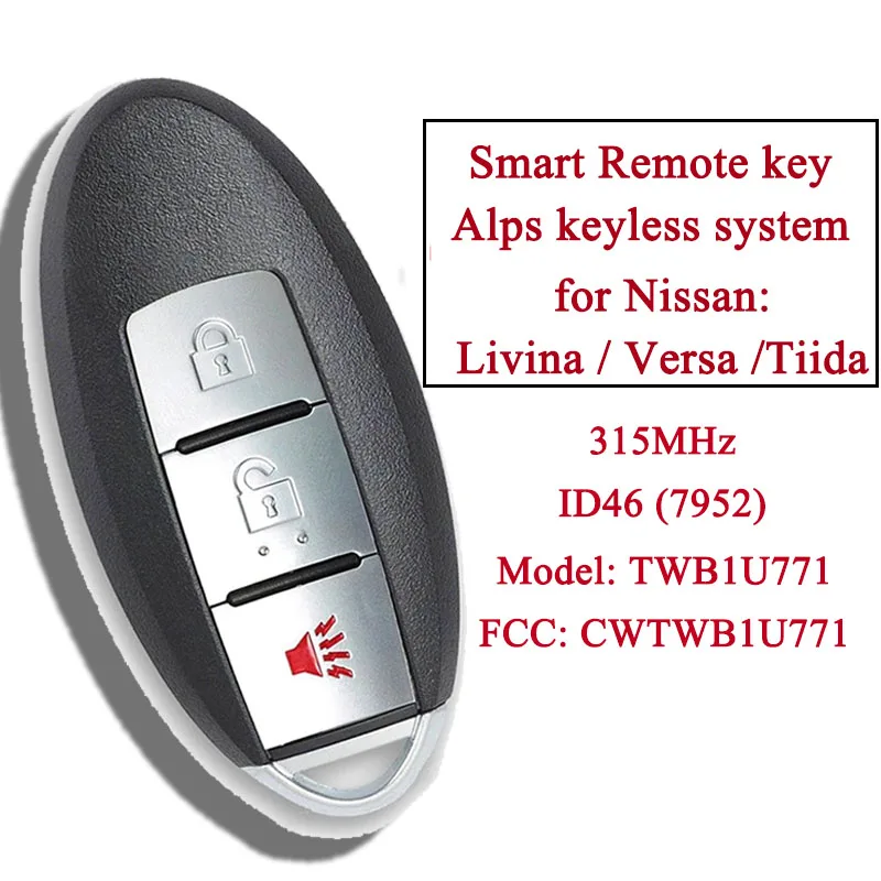 

ID46 (7952) Chip Smart Remote Control Car Key Fob for Nissan Tiida Livina Versa 2005-2008 TWB1U771 3 Buttons 315MHz CWTWB1U771