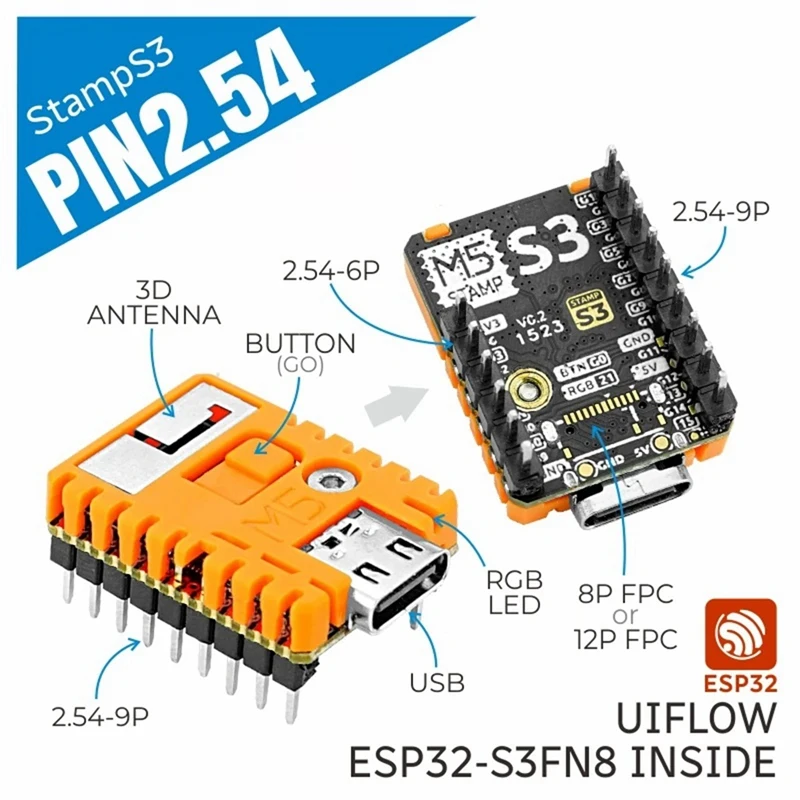 고집적 임베디드 메인 컨트롤 코어 모듈, ESP32-S3FN8 칩, 8MSPI 플래시 메모리, 240Mhz, M5stamps3 PIN2.54