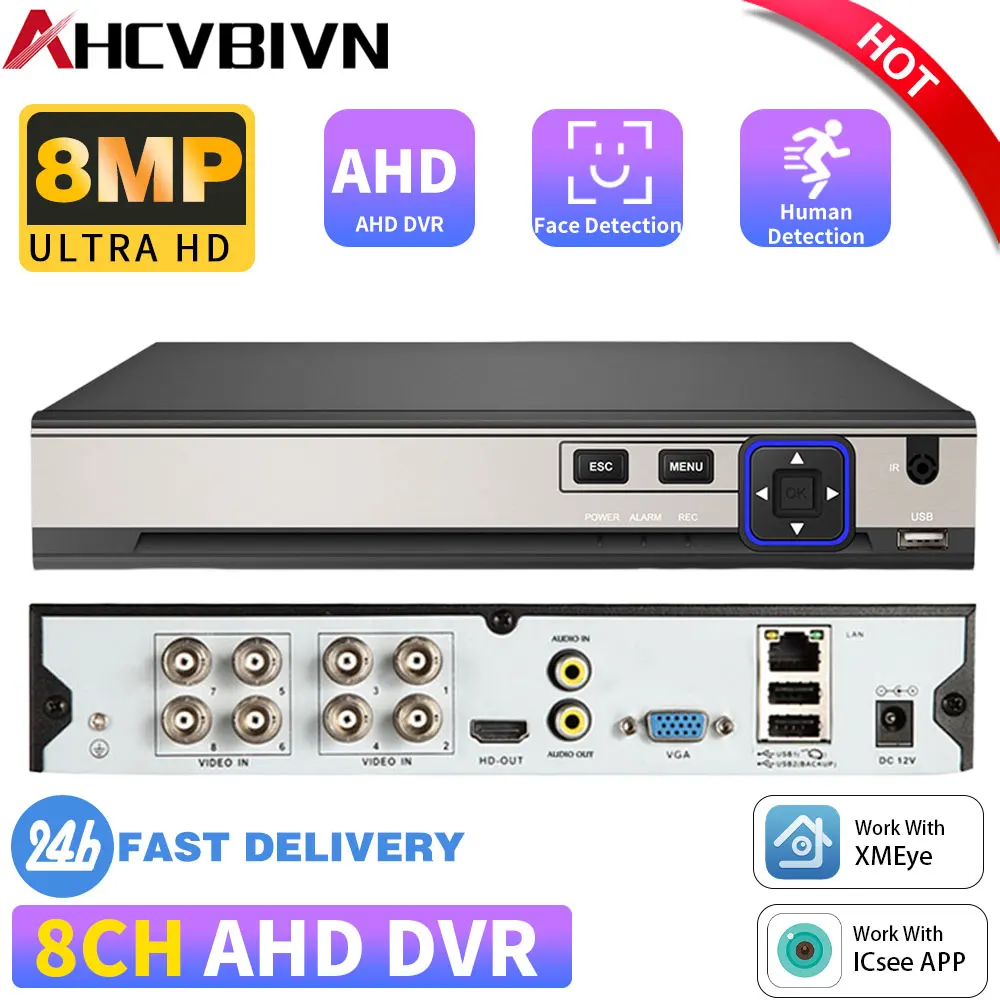 

ICsee 8CH H.265 4K 8MP CCTV AHD DVR Рекордер ночного видения 8-канальный видеорегистратор с распознаванием лиц Имитация сетевой камеры безопасности