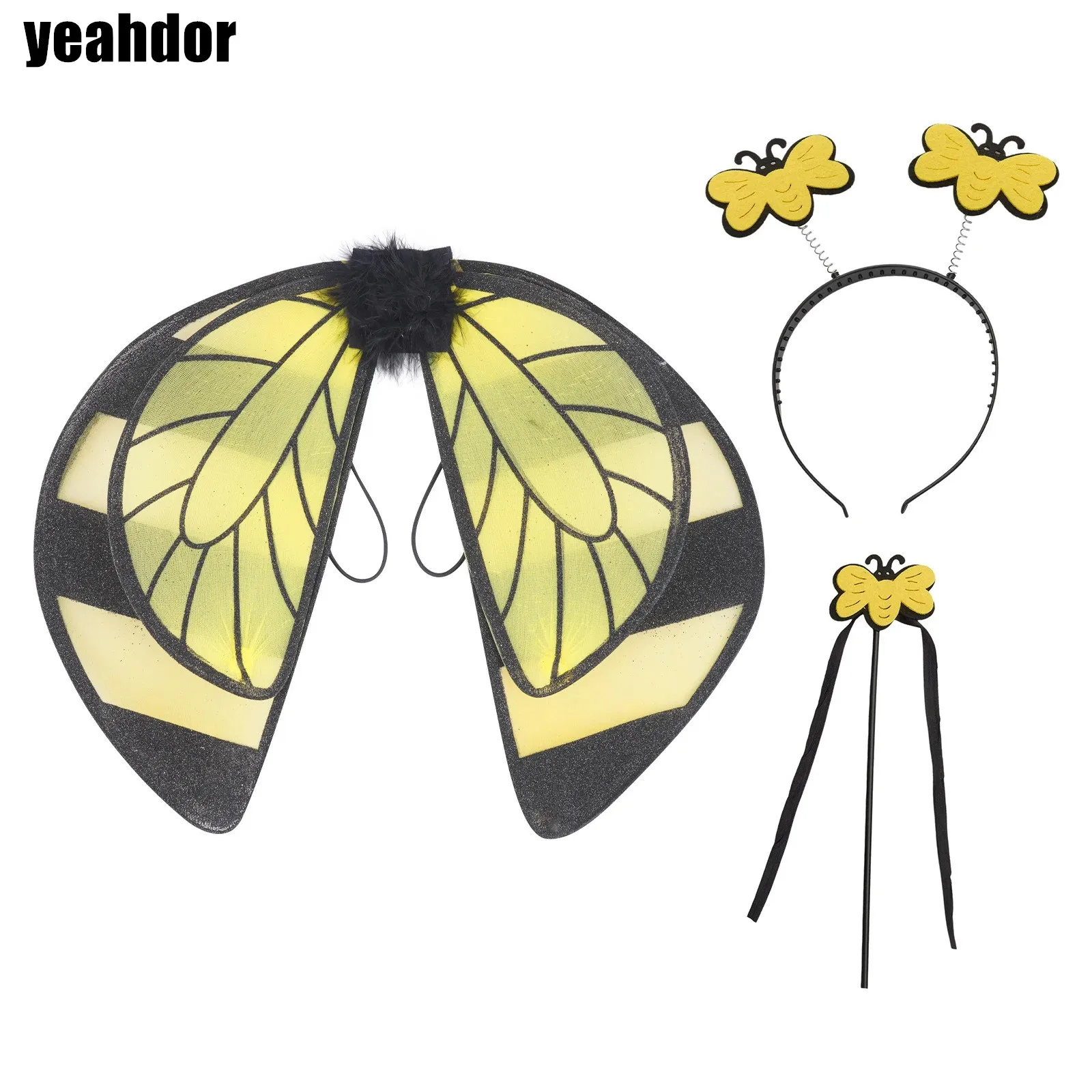 Halloween Butterfly Bee Party Supplies Headwear with Swinging Butterfly Wand And Wings Fairy Elf Cosplay Accessory for Kids