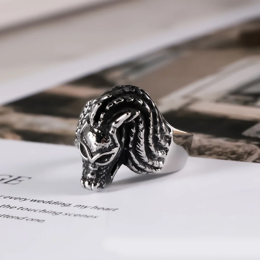1PCS Non-Fading Stainless Steel European and American Vintage Domineering Dragon Head Ring Cast Rock Style Men's Finger Ring Jewelry