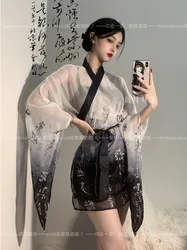 WOMENGAGA Dress Elegant V Neck Sweet Spicy Ink Ancient Style Chinese Hanfu Cardigan Transparent White Thin Retro 9TI8