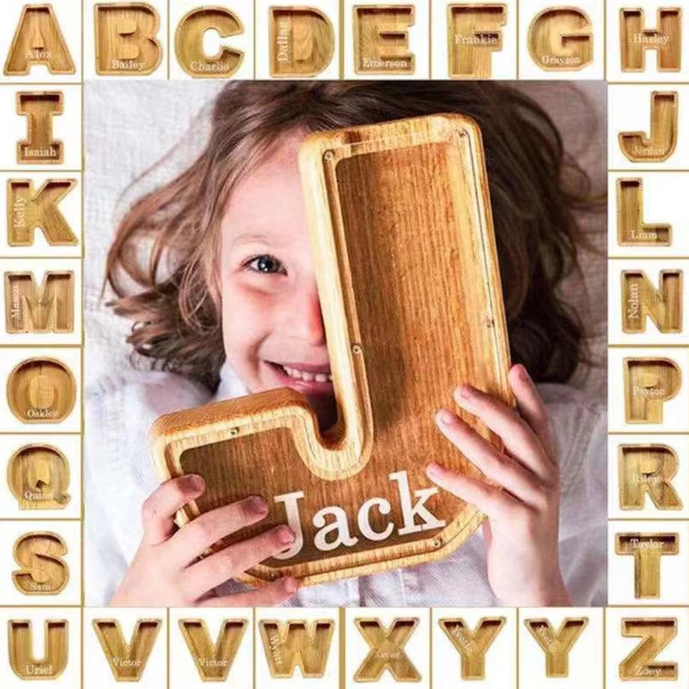 A to N English Letter Wooden Money Storage Box Jar Alphabet Saving Personalized Piggy Bank Coin