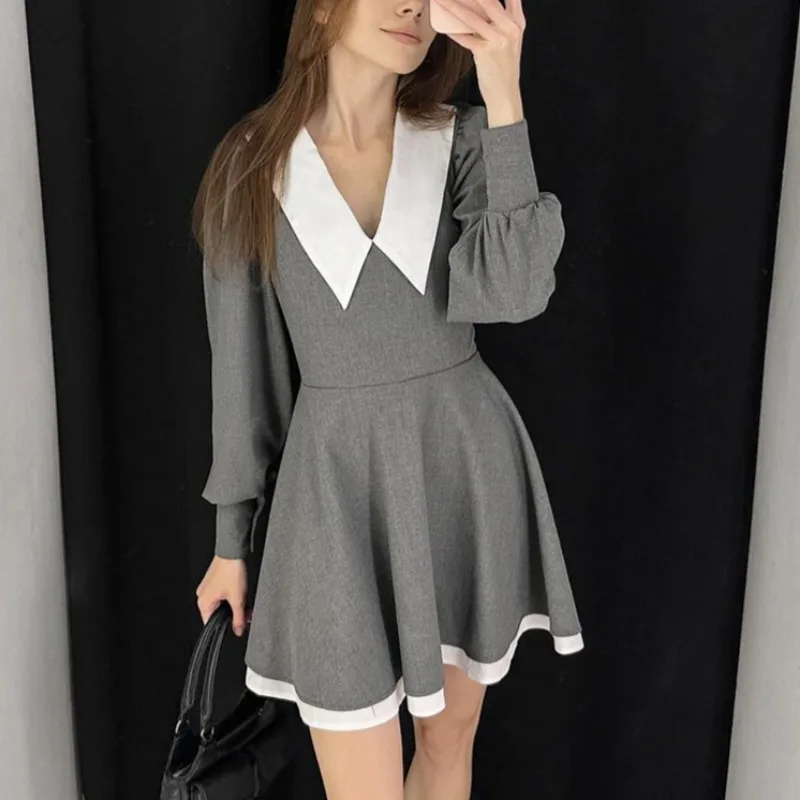 

Tuularose Vintage Patchwork Mini Dress Women Spring New Fashion Lapel V-Neck Short Dress Elegant Y2k Casual Dress Female Outfits