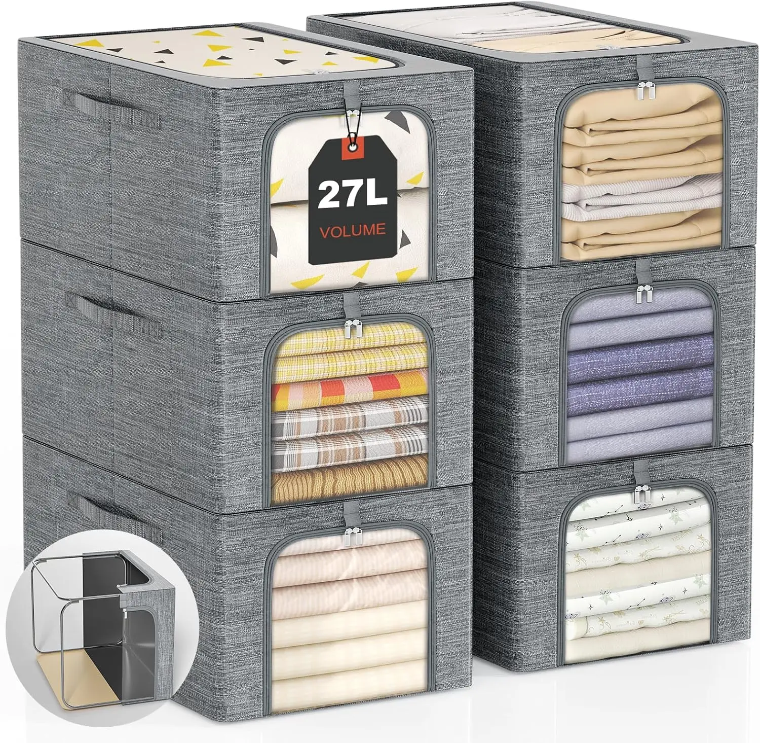 

Набор из 6 штабелируемых контейнеров для хранения с прозрачным окном: металлический каркас, складная конструкция для экономии места в шкафу