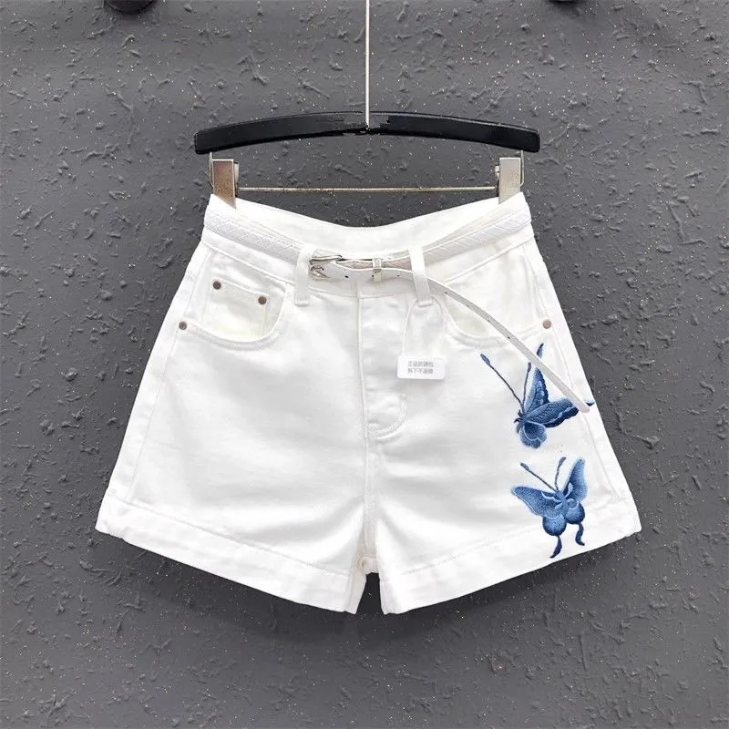 

Women's Embroidery Butterfly White Shorts 2026 New Summer Woman Cotton High Waist Shorts Korean Style Girls' Hot Pants Wide-leg