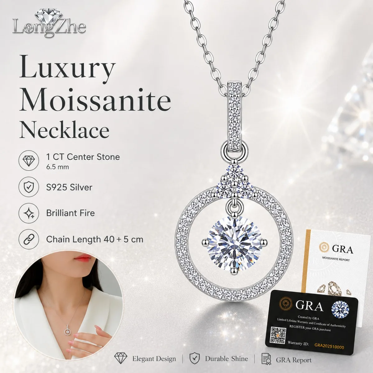 925 Sterling Silver Moissanite Circle Pendant Necklace for Women D Color VVS1 Luxury Geometric Wedding Jewelry Gift