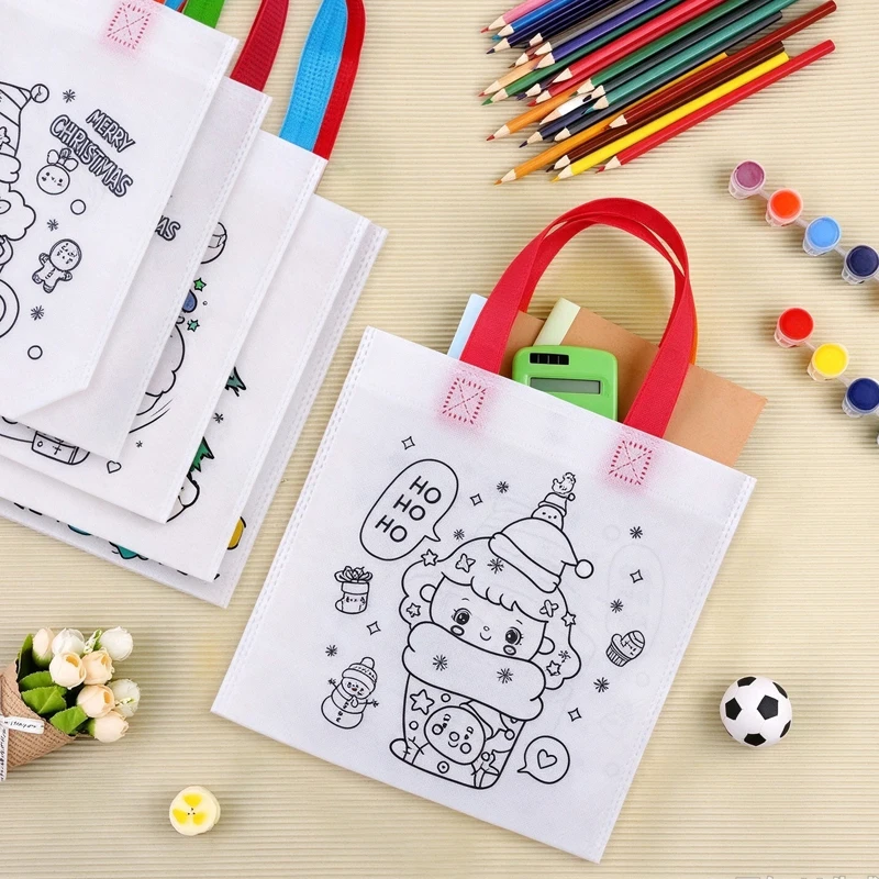 10-80PCS Reversible Nonwoven Doodle Tote Bag DIY Coloring Painting Pouch for Preschool Handmade Craft Home School Party Present view 4