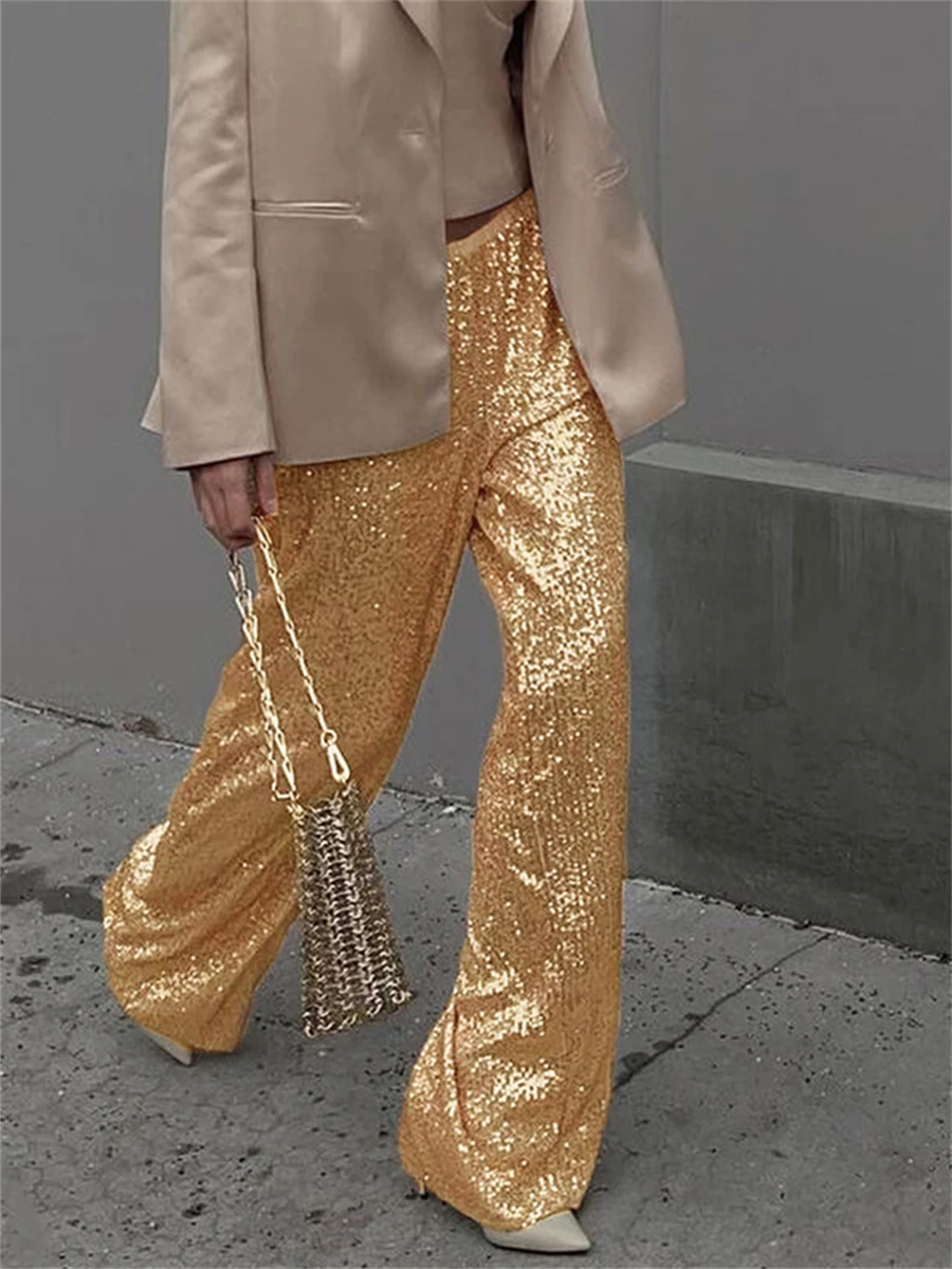 

wsevypo Shiny Sequins Wide Leg Pants for Women Casual Loose Elastic High Waist Straight Leg Trousers for Office Streetwear