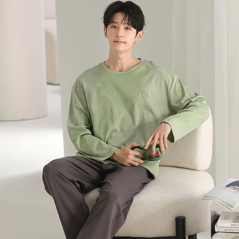 Spring Autumn Long Sleeve 100% Cotton Pajama Sets for Men High Quality Korean Loose Sleepwear Pyjamas Male Homewear Home Clothes
