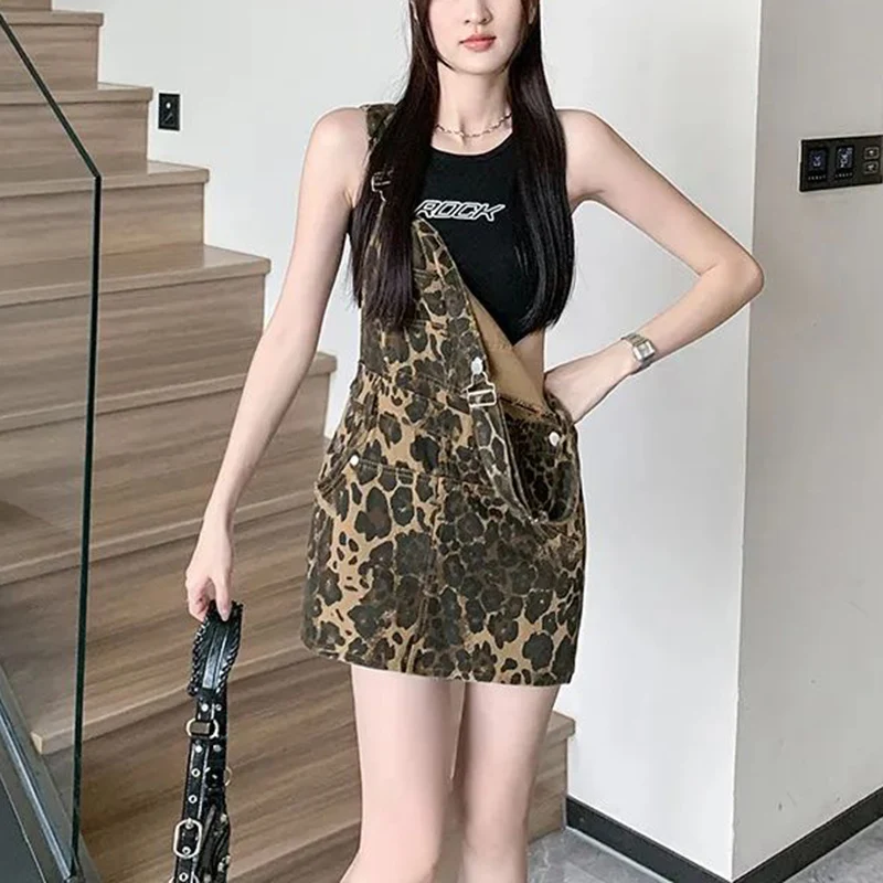 2026 Summer Lady Chic Fashion Shoulder Strap Dress Girls Leopard Printed Denim Skirt Lady Slim Fit Thin Short Skirts