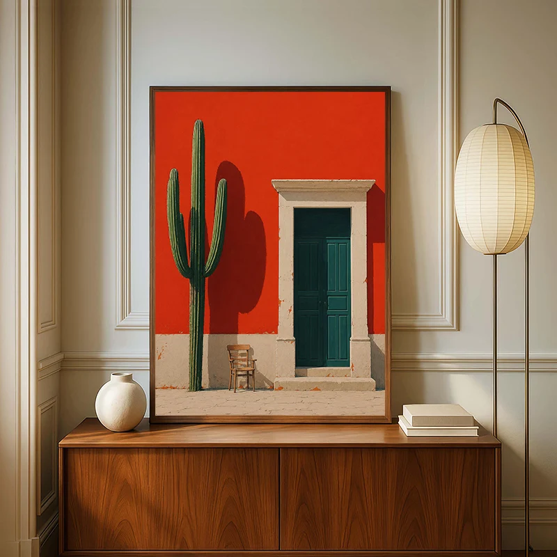 Mexican Whimsical Cactus Bison Alien Wall Art Poster Bold Orange  Architecture Canvas Painting Print Living Room Home Decor