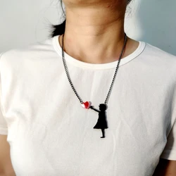 KUGUYS The Girl With Red Heart Pendant Necklace for Women Figure Black Silhouette Jewelry Acrylic Cute Accessories