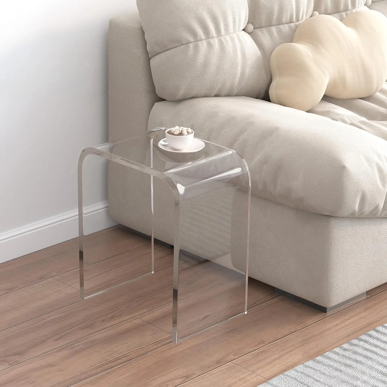 End Table, Clear Lucite Coffee Table With Waterfall Edges, Contemporary Square Nightstand And Side Table