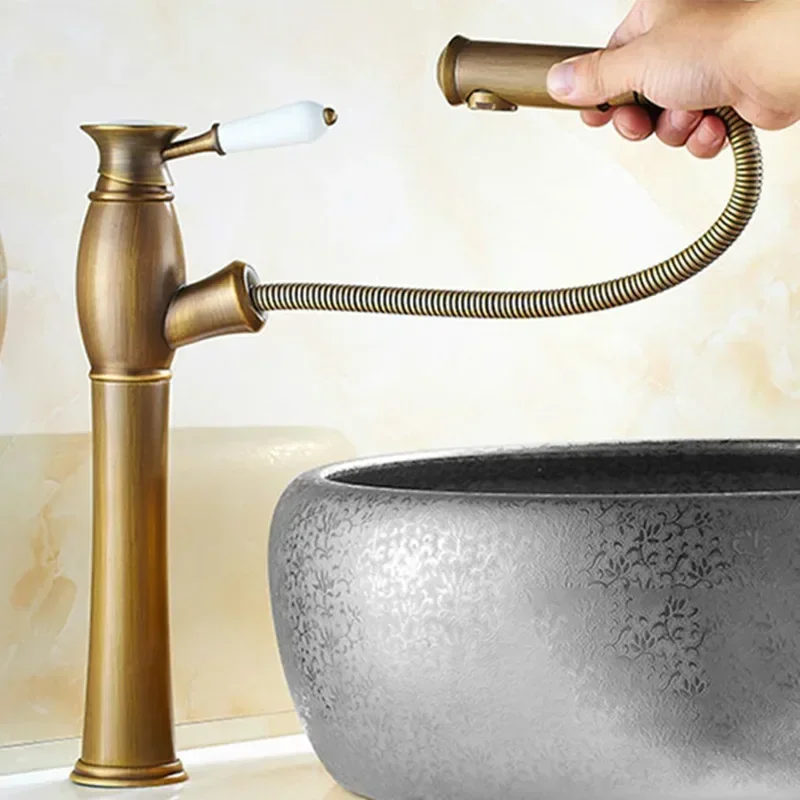 Bathroom Faucet Brass Pull Out Sink Taps Ceramic Single Lever Hole Deck Mount Hot Cold Mixer Water Faucet Brass Faucet Bathroom