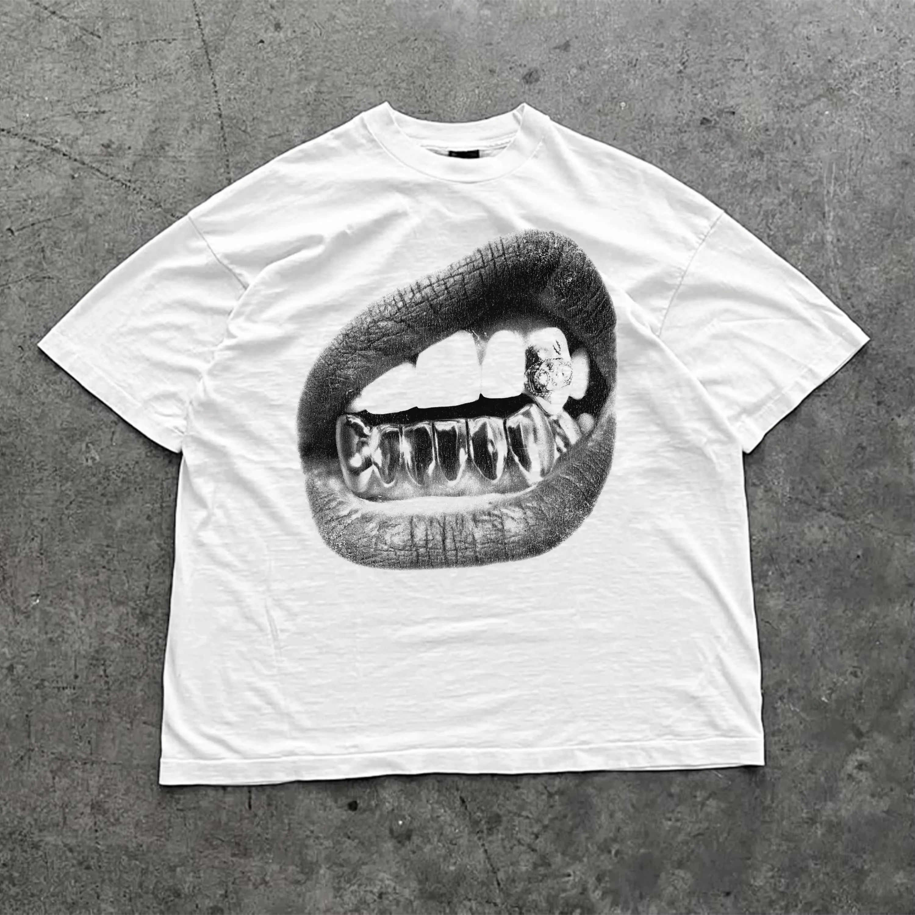 Y2K Big Lips Grillz Graphic T-shirt Vintage Washed Hip Hop Harajuku Unisex Oversized Crew Neck Cotton Short Sleeve Tee Tops Hot