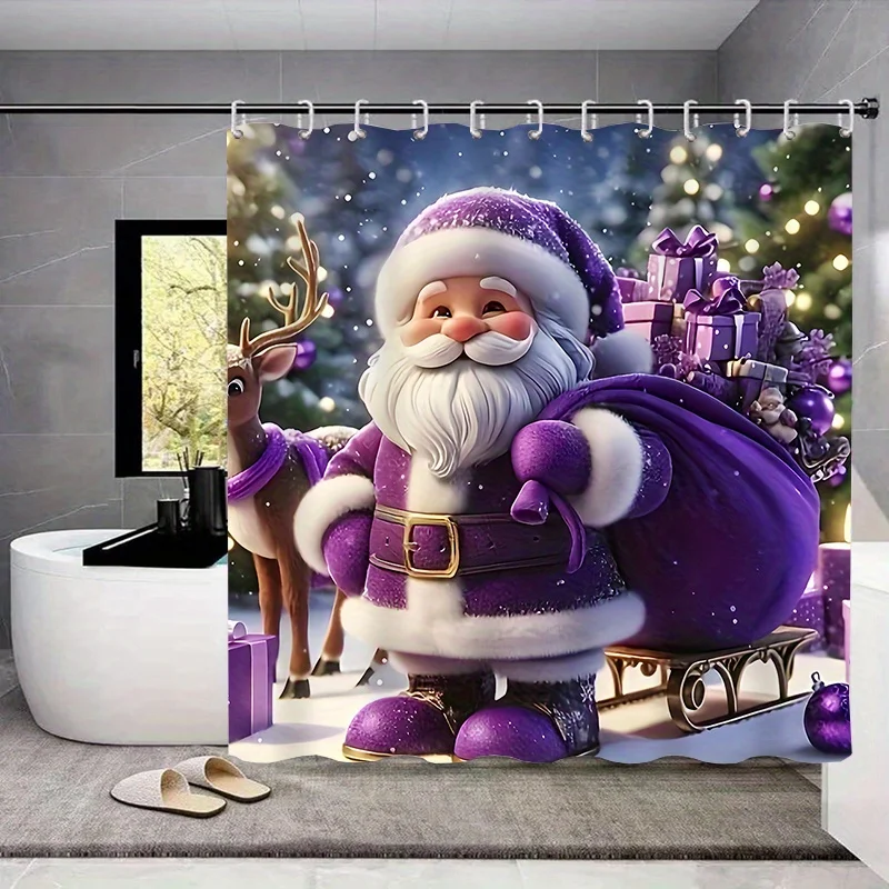 4pcs Purple Santa Bathroom Set - Unique Christmas Shower Curtain, Toilet Cover & Mats, Festive Sleigh Decor, Holiday Gift