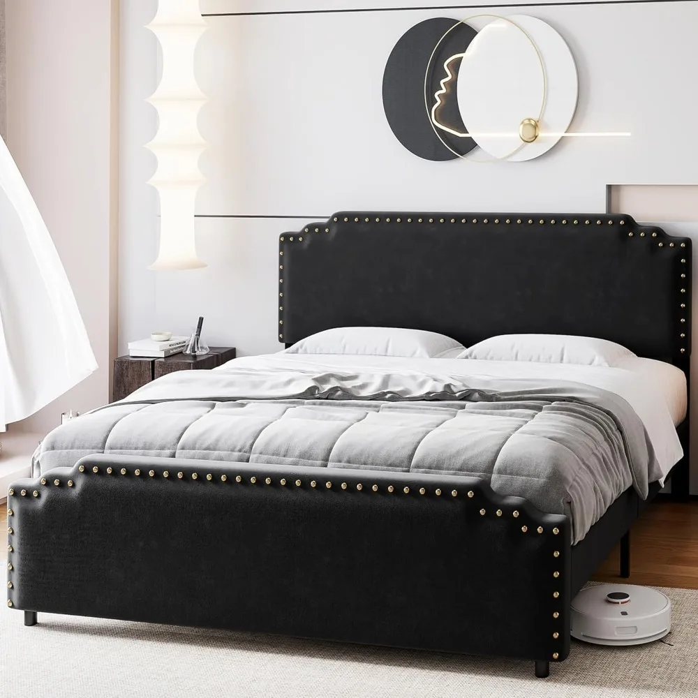 Cama queen size com cabeceira, plataforma estofada de veludo, decoração do rebite, resistente, nenhuma mola da caixa necessária, conjunto fácil