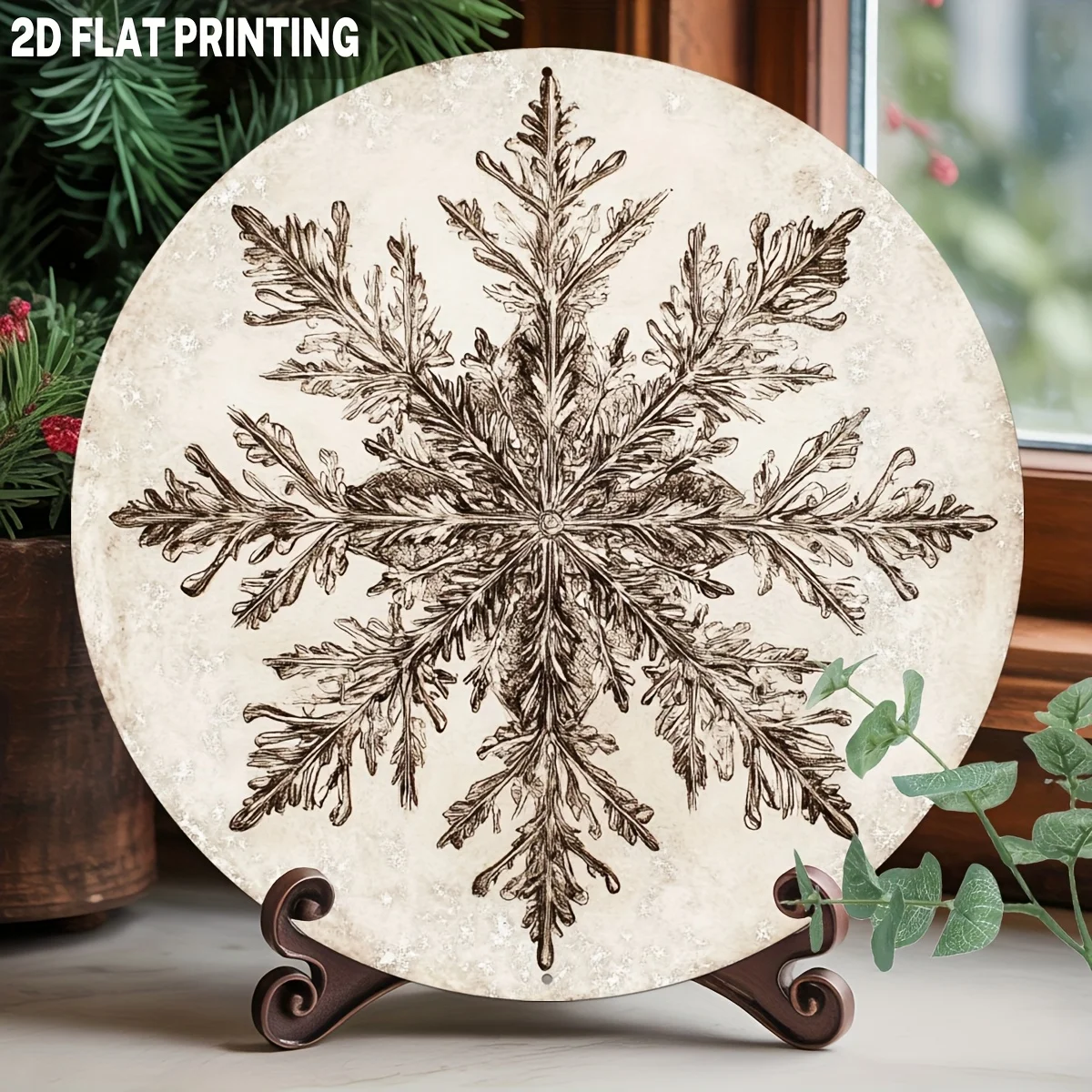 2D Flat, 1pc Vintage Snowflake Metal Wall Decor - Round Aluminum Sign, Beige And White Winter Snowflake Design, Black Branches