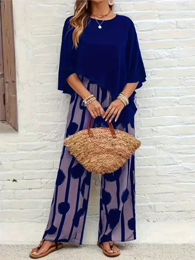 Summer Two Piece Set Printing Loose Casual Wide Leg Pants Loose Bat Short Sleeve Top Women Elastic High Waist Fashion Pants Set