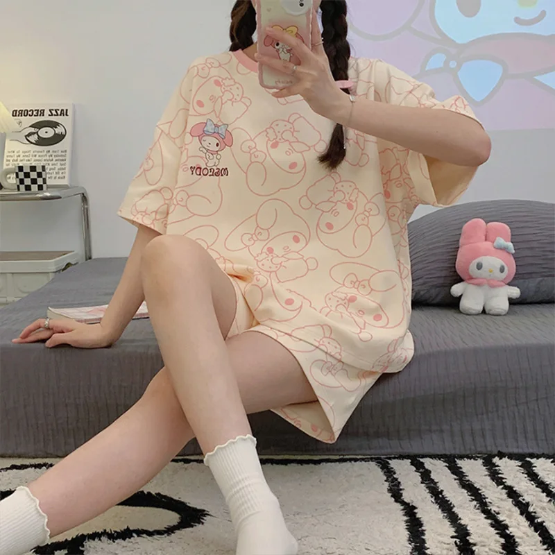 Sanrio Pajama Set Kuromi Melody Nightwear Kawaii Girls Print Sleepwear Round Neck Short Sleeved Top Loungewear Homewear Gift