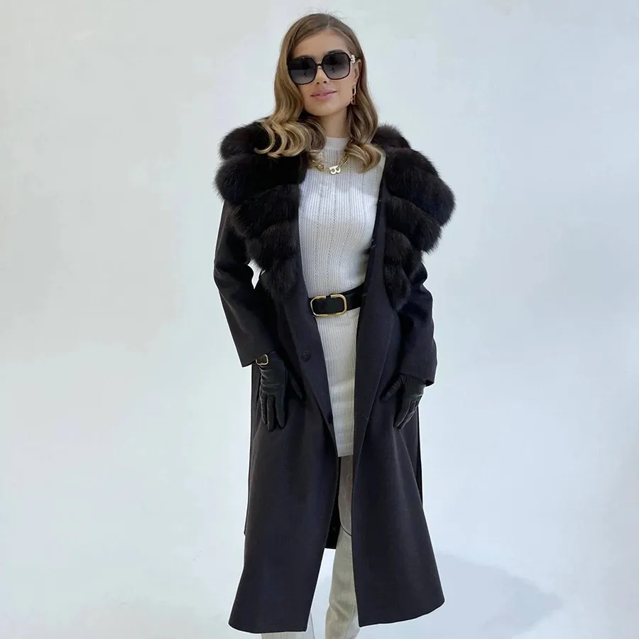 

Real Fox Fur Coat New Cashmere Coat Women Winter Wool Blends Long Jacket Natural Fox Fur Jacket 2024 Luxury High Quality