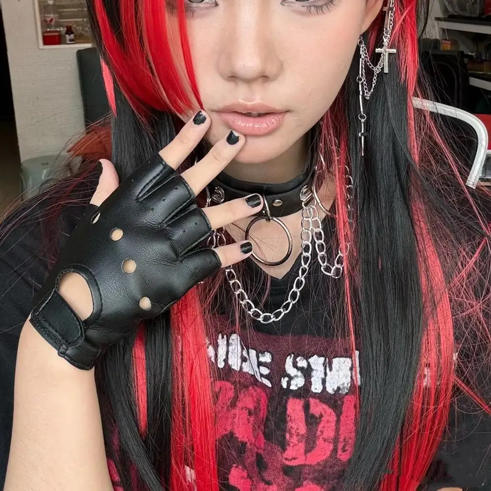 Czarne rękawiczki bez palców w stylu punk dla mężczyzn i kobiet, skórzane rękawice motocyklowe do jazdy, gotyckie rękawiczki bez palców do cosplayu, rękawiczki do tańca rockowego.